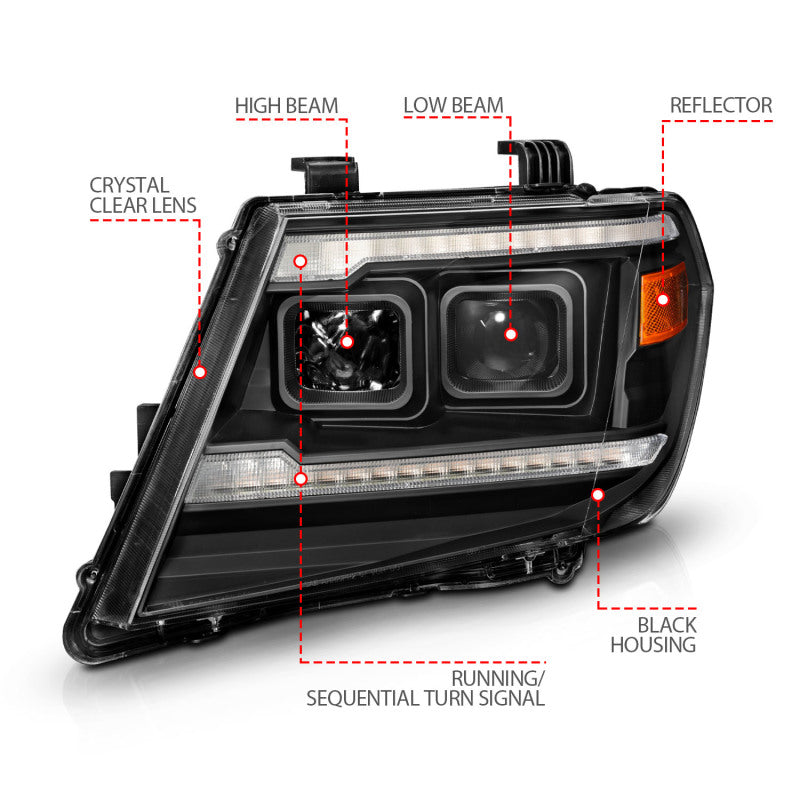 ANZO 09-20 Nissan Frontier Black Projector Plank Style DRL w/ Switchback & Sequential LED DRL 111597