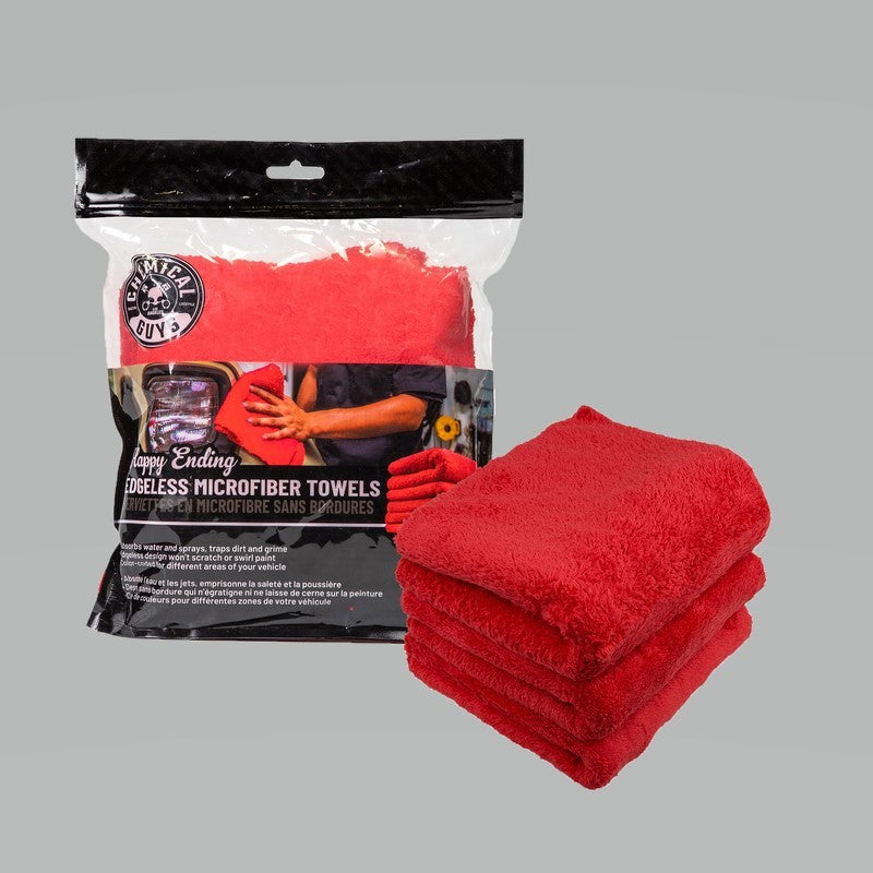 Chemical Guys Happy Ending Ultra Edgeless Microfiber Towel - 16in x 16in - Red - 3 Pack MIC34103