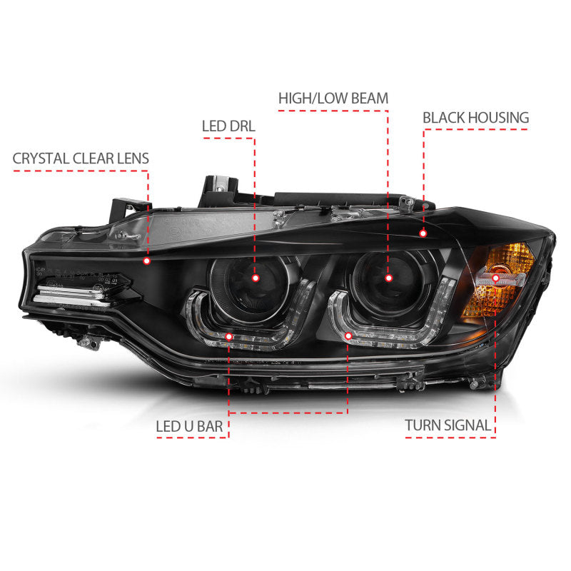 ANZO 2012-2015 BMW 3 Series Projector Headlights w/ U-Bar Black 121504