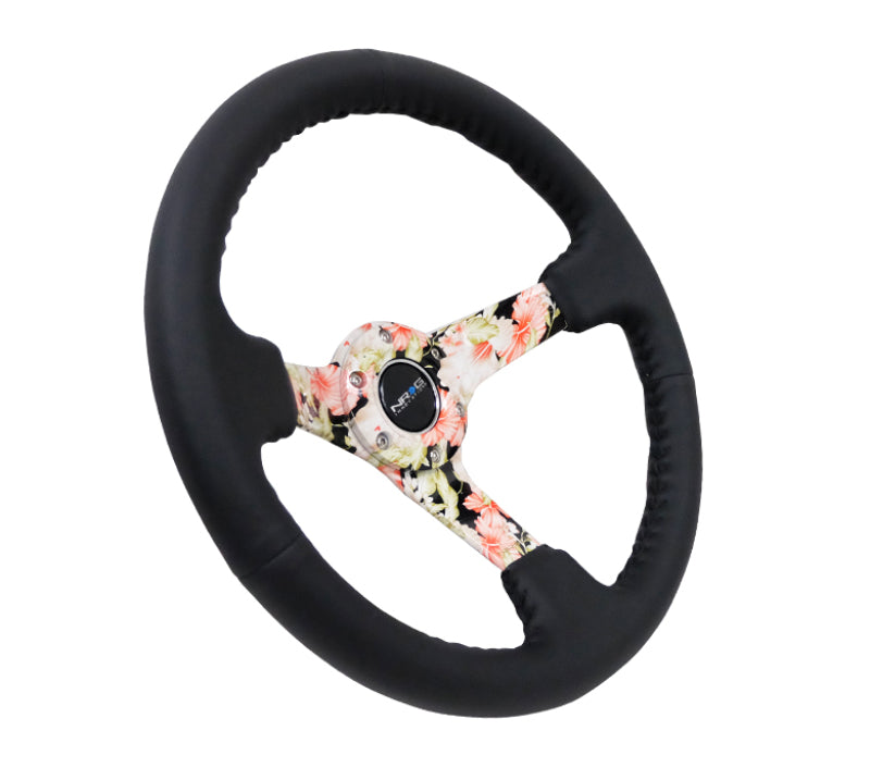 NRG Reinforced Steering Wheel (350mm / 3in. Deep) Blk Leather Floral Dipped w/ Blk Baseball Stitch RST-036FL-R
