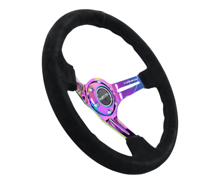 NRG Reinforced Steering Wheel (350mm / 3in. Deep) Blk Suede/Blk Stitch w/Neochrome Slits RST-018S-MCBS
