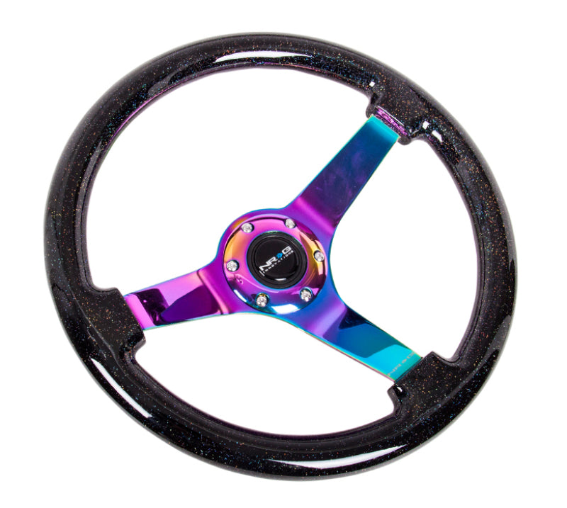 NRG Reinforced Steering Wheel (350mm / 3in. Deep) Classic Blk Sparkle w/4mm Neochrome 3-Spoke Center RST-036BSB-MC