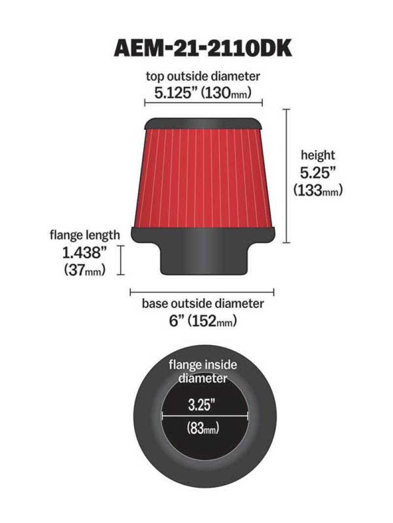 AEM 3.25 inch DRY Flow Short Neck 5 inch Element Filter Replacement 21-2110DK
