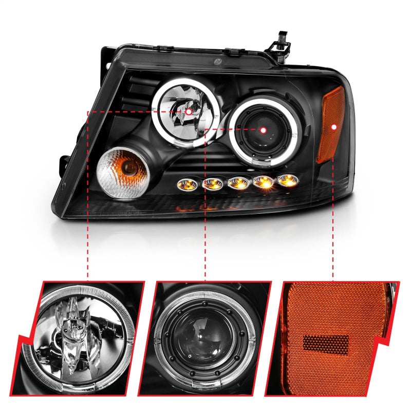 ANZO 2004-2008 Ford F-150 Projector Headlights w/ Halo and LED Black G2 111204
