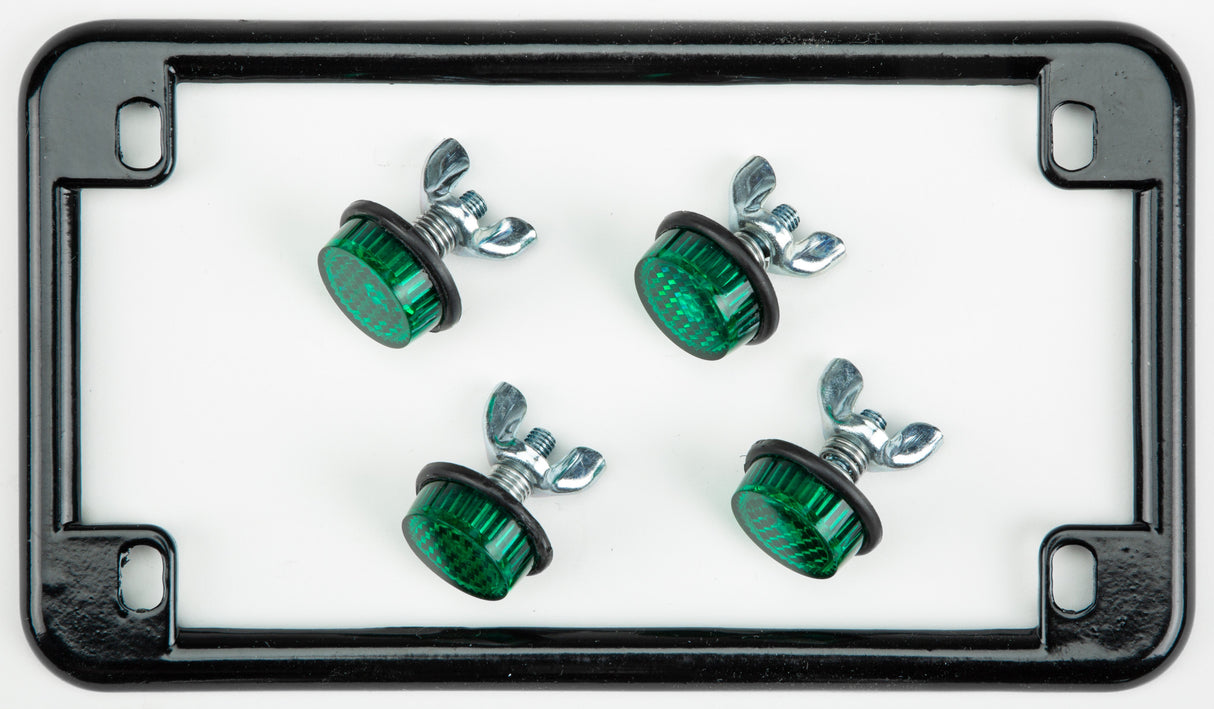 CHRIS PRODUCTS License Plate Frame W/4 Green Reflectors Black 614