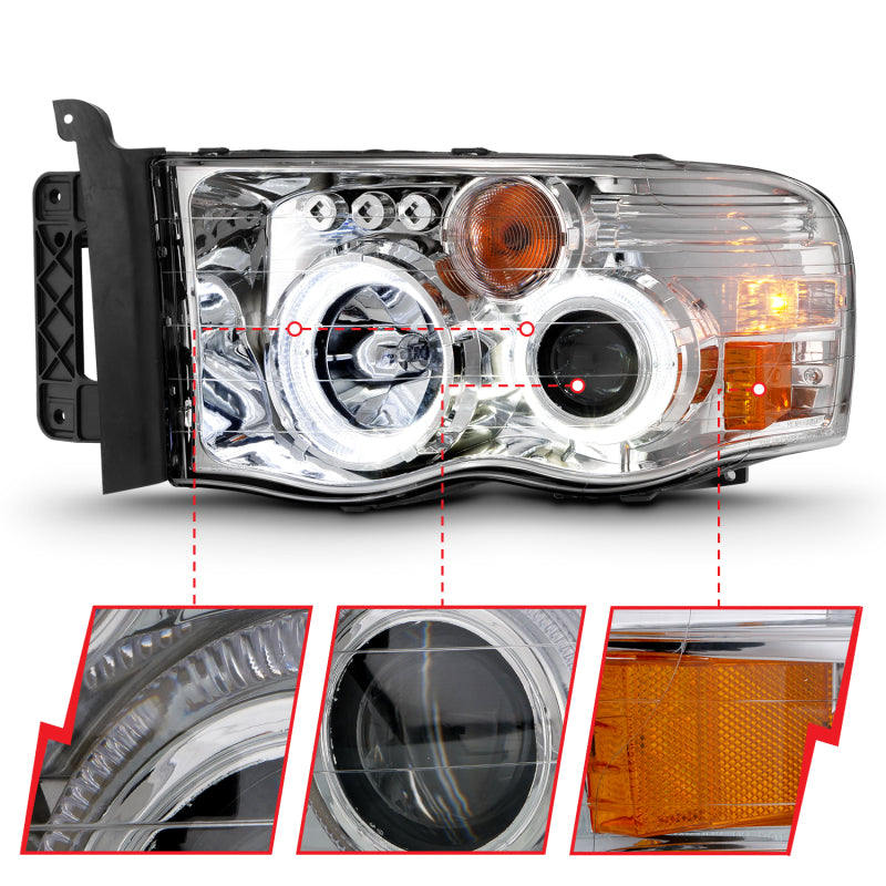 ANZO 2002-2005 Dodge Ram 1500 Projector Headlights w/ Halo Chrome Clear Amber 111491