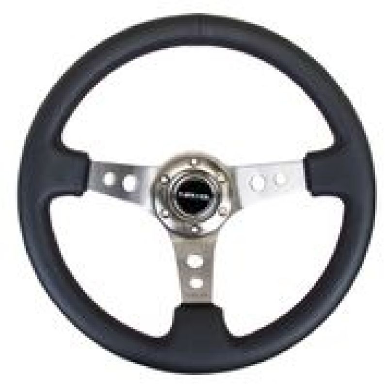 NRG Reinforced Steering Wheel (350mm / 3in. Deep) Blk Leather w/Gunmetal Circle Cutout Spokes RST-006GM