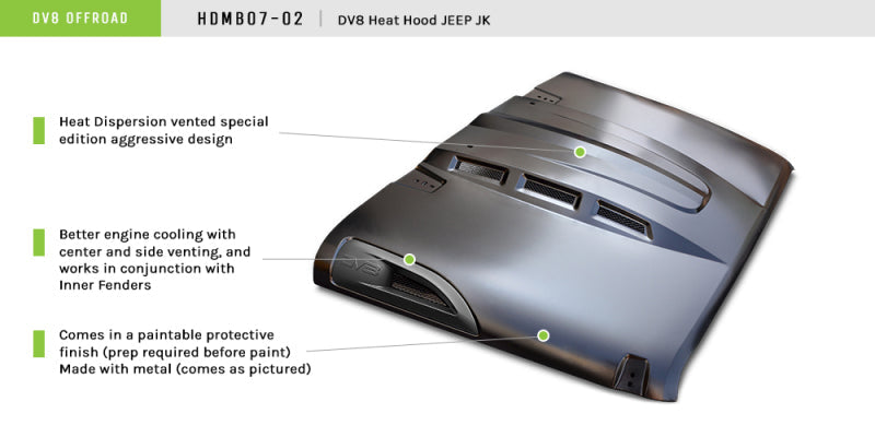 DV8 Offroad 07-18 Jeep Wrangler JK Metal Heat Dispersion Hood - Primer Black HDMB07-02