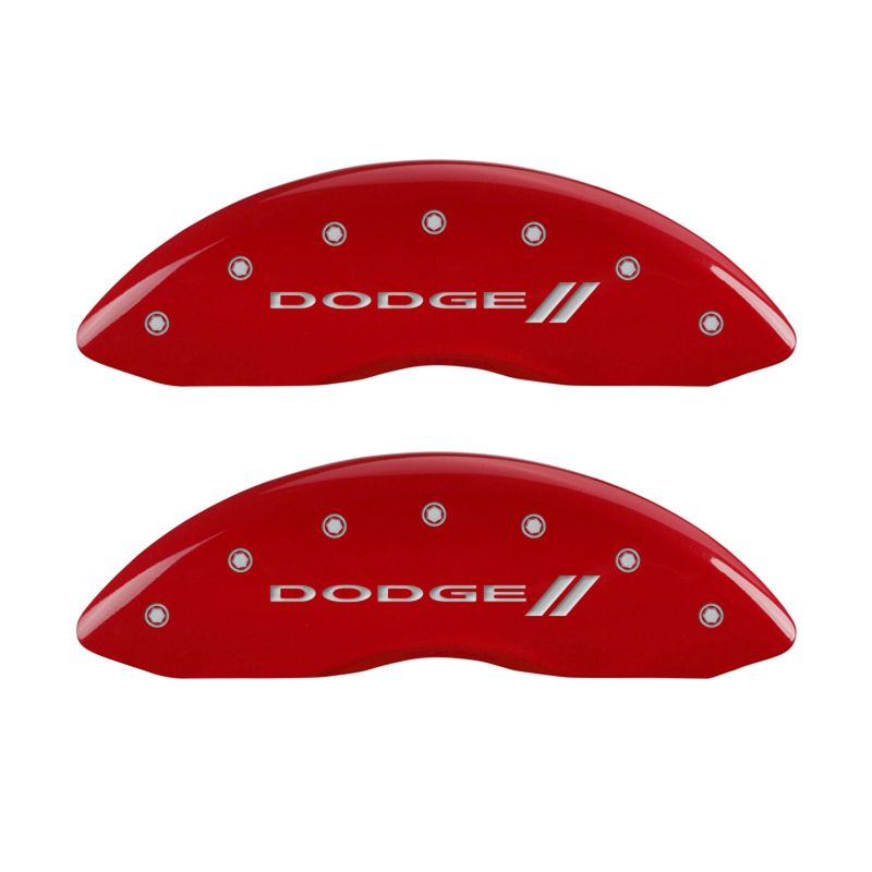 MGP 4 Caliper Covers Engraved Front & Rear With stripes/Dodge Red finish silver ch 12181SDD3RD