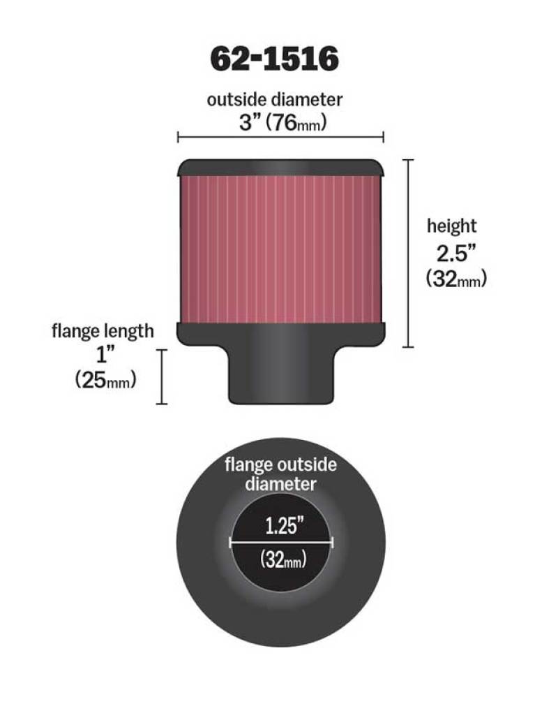 K&N 1in Flange L x 3in OD x 2.5in Height Clamp On Crankcase Vent Filter 62-1516