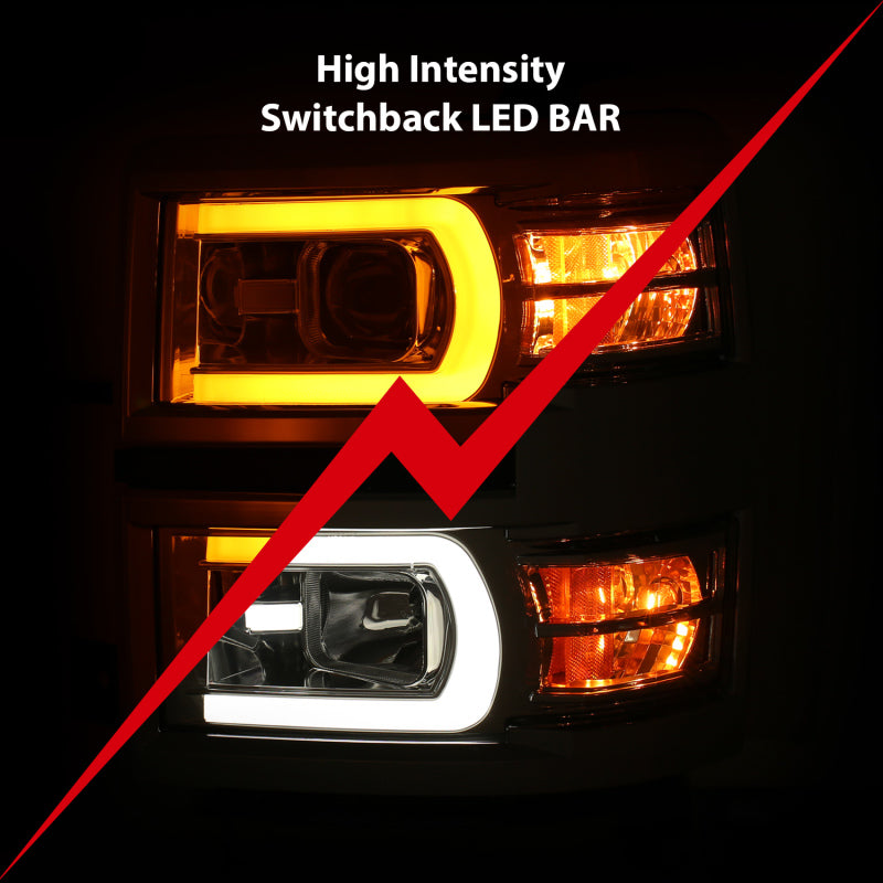 ANZO 14-15 Chevrolet Silverado 1500 Projector Headlights w/ Plank Style Switchback Chrome w/ Amber 111413
