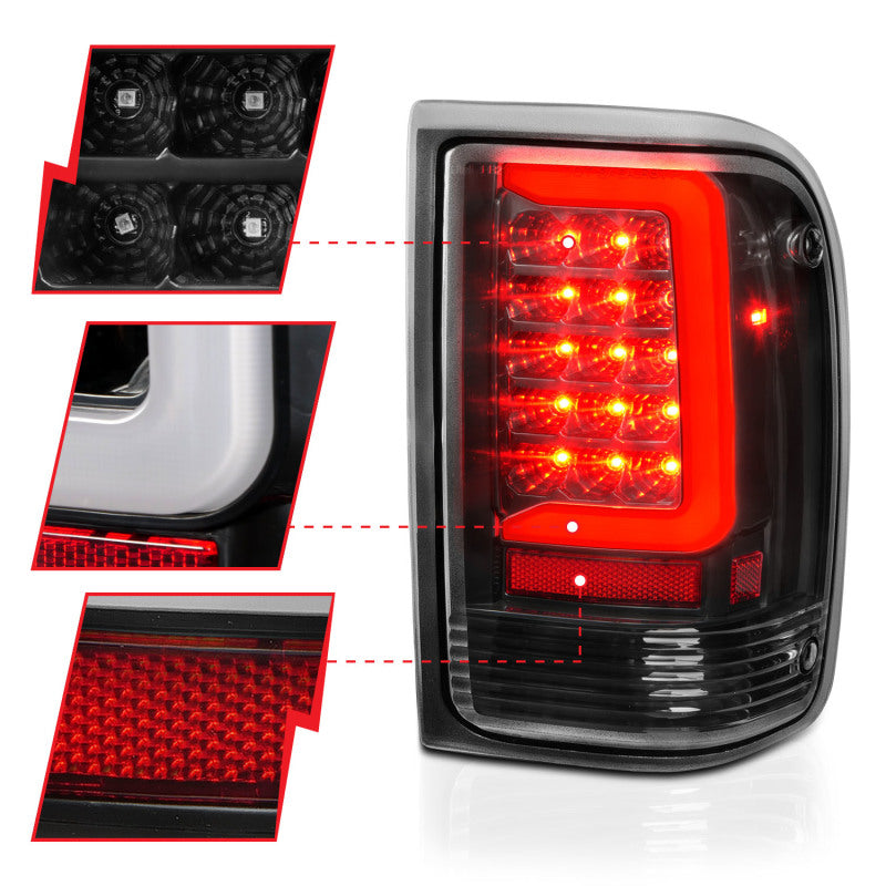 ANZO 1993-1997 Ford Ranger LED Tail Lights w/ Light Bar Black Housing Clear Lens 311359
