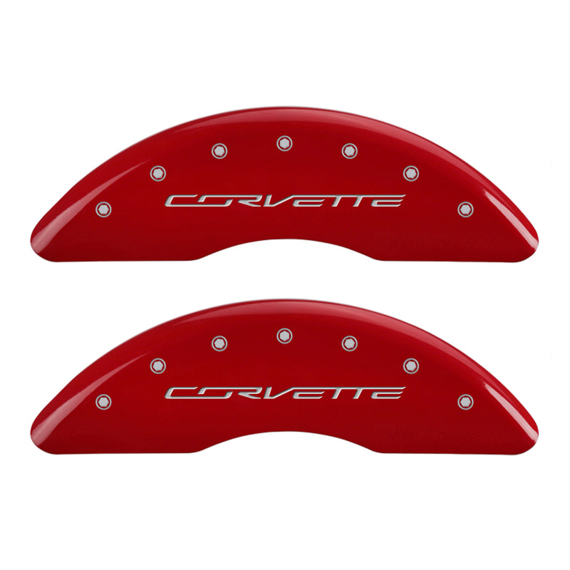 MGP 4 Caliper Covers Engraved Front & Rear C7/Corvette Red finish silver ch 13084SCV7RD
