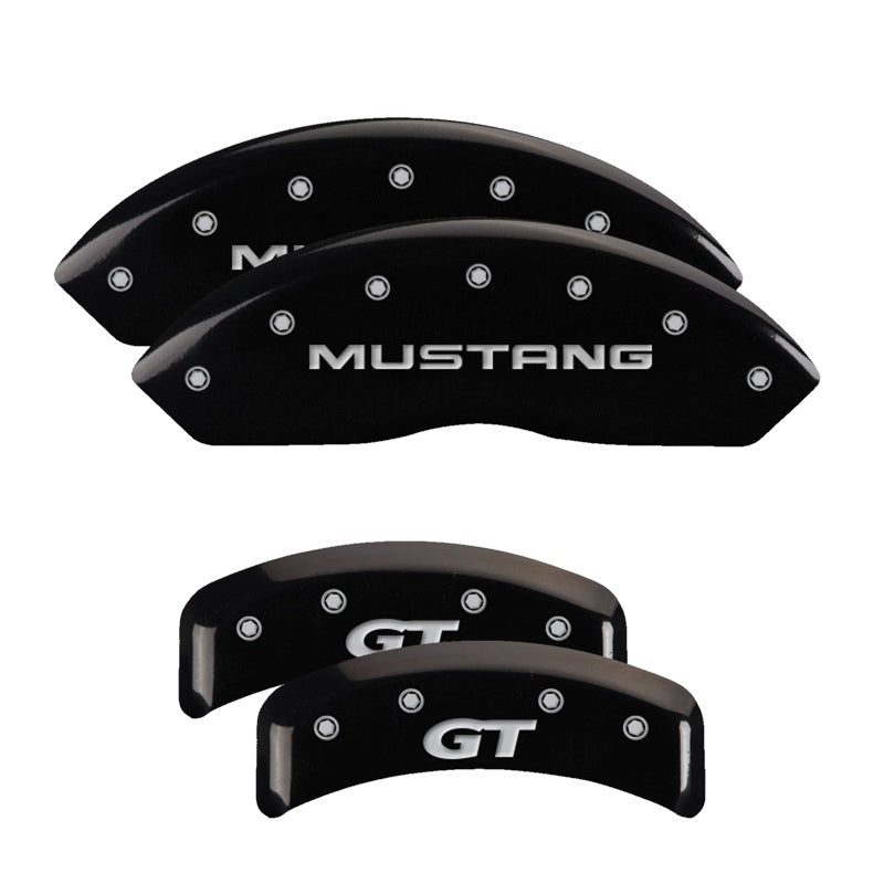 MGP 4 Caliper Covers Engraved Front Mustang Engraved Rear SN95/GT Black finish silver ch 10095SMG1BK