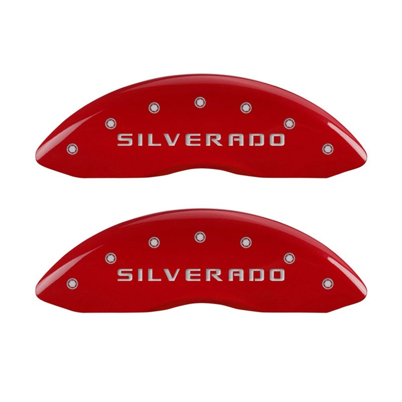 MGP Front set 2 Caliper Covers Engraved Front Silverado Red finish silver ch 14207FSILRD
