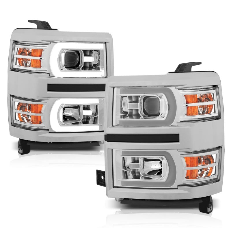 ANZO 14-15 Chevrolet Silverado 1500 Projector Headlights w/ Plank Style Switchback Chrome w/ Amber 111413
