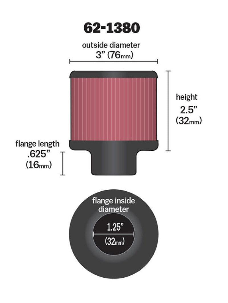 K&N 1.25in Flange ID x 3in OD x 2.5 inch H Rubber Base Crankcase Vent Filter 62-1380