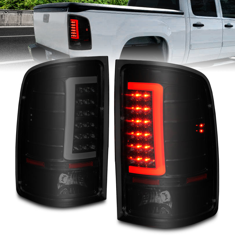 ANZO 2007-2013 GMC Sierra LED Tail Lights w/ Light Bar Black Housing Smoke Lens 311389