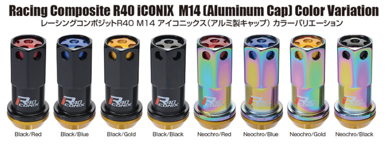 Project Kics 14X1.50 Neochrome R40 Iconix Lug Nuts (Black Cap) - 20 Pcs WRIA14NK
