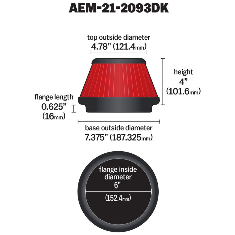 AEM 6 inch x 4 inch DryFlow Tapered Conical Air Filter 21-2093DK