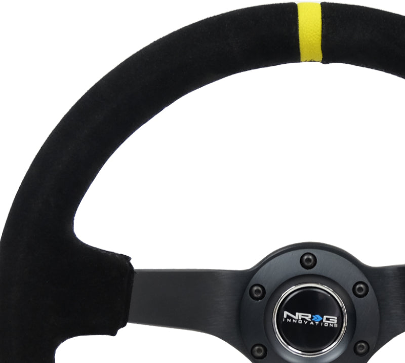 NRG Reinforced Steering Wheel (350mm / 3in. Deep) Blk Suede/X-Stitch w/5mm Blk Spoke & Yellow CM RST-036MB-S-Y
