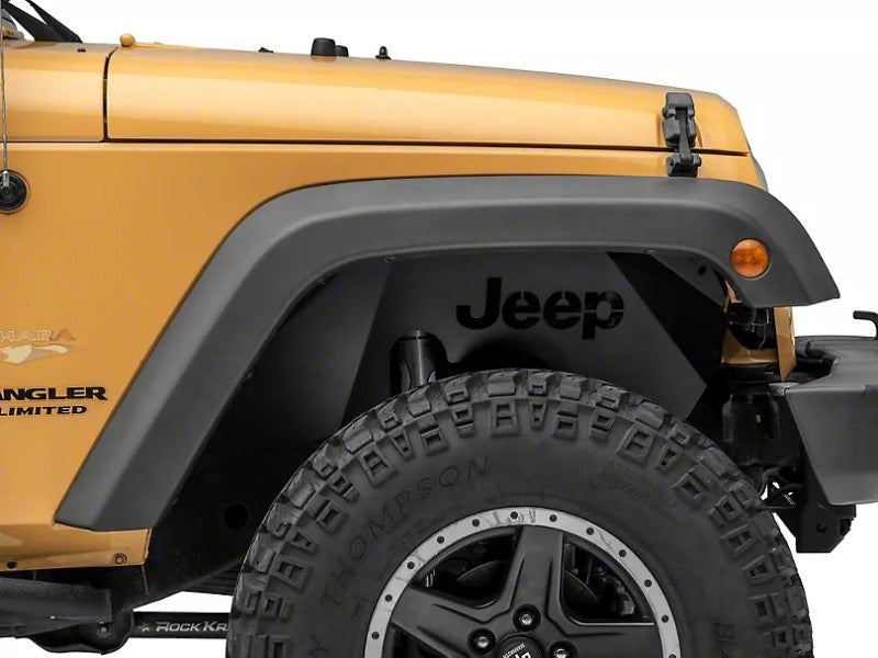 Officially Licensed Jeep 07-18 Wrangler JK Aluminum Inner Fender Liners w/ Jeep Logo- Front-Txt Blk J157737