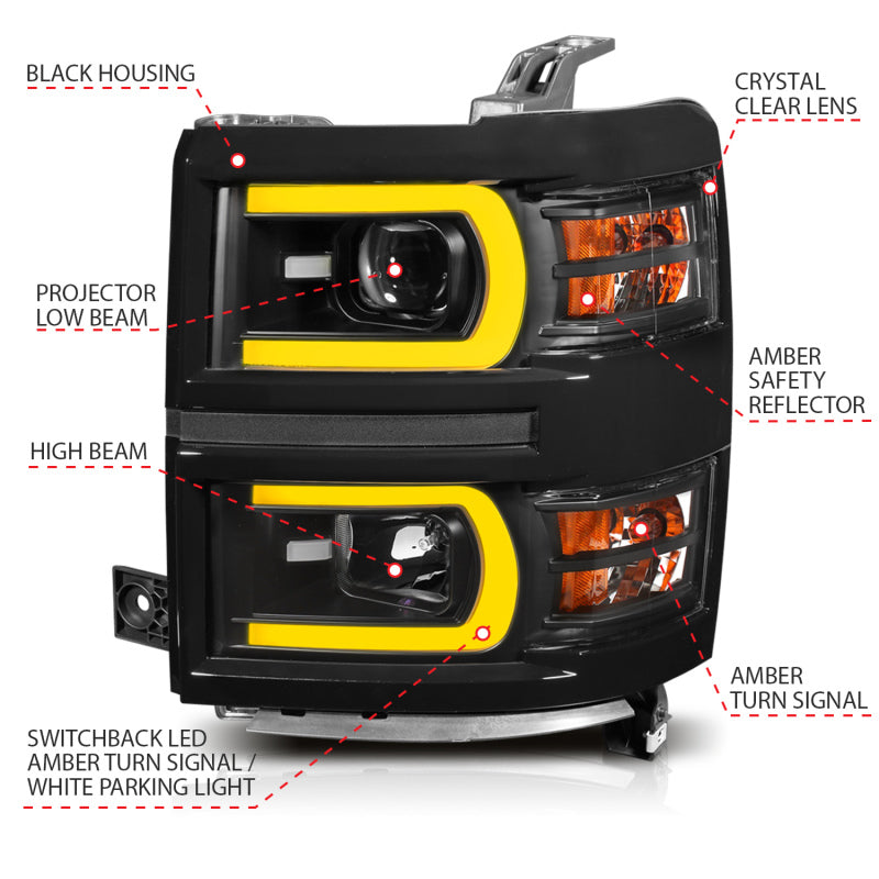 ANZO 14-15 Chevrolet Silverado 1500 Projector Headlights w/ Plank Style Switchback Black w/ Amber 111412
