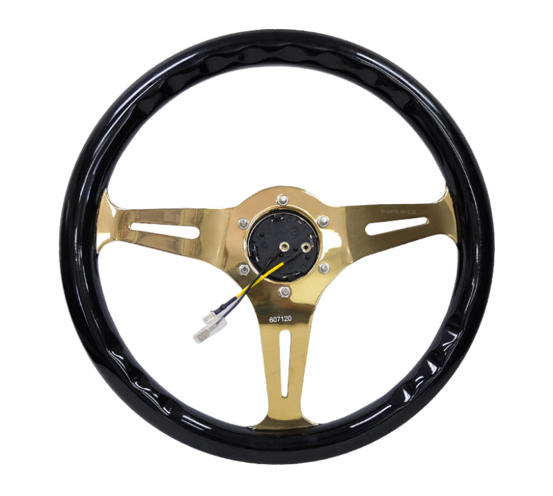 NRG Classic Wood Grain Steering Wheel (350mm) Black Grip w/Chrome Gold 3-Spoke Center ST-015CG-BK