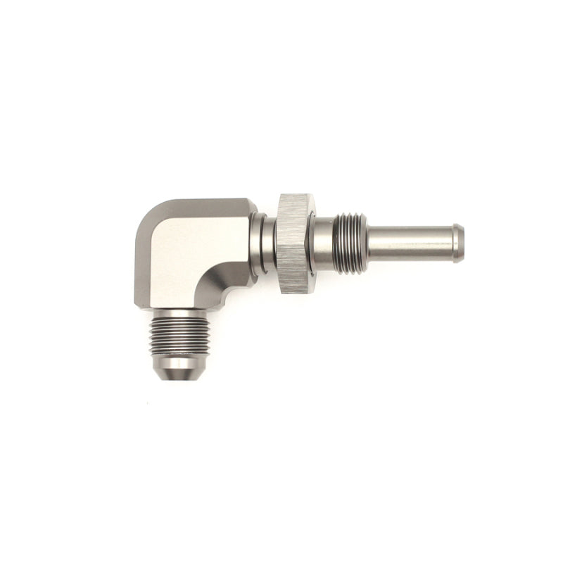 DeatschWerks 6AN Male Flare To 5/16in. Male Barb Bulkhead Adapter 90-Degree (Incl. Nut) 06-02-0712