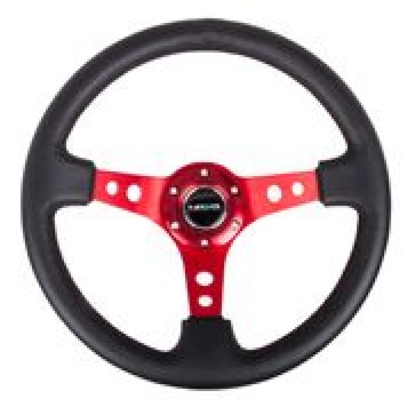 NRG Reinforced Steering Wheel (350mm / 3in. Deep) Blk Leather w/Red Circle Cutout Spokes RST-006RD