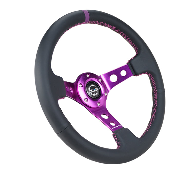 NRG Reinforced Steering Wheel (350mm / 3in. Deep) Black Leather w/Purple Center & Purple Stitching RST-006PP