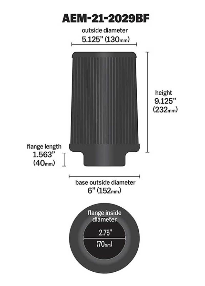 AEM Dryflow Conical Air Filter 2.75in Flange ID / 6in Base OD / 5.125in Top OD / 9.125in Height 21-2029BF