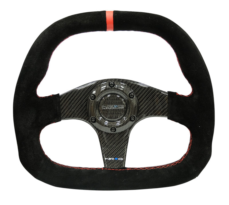 NRG Carbon Fiber Steering Wheel (320mm) Flat Btm. Blk Suede/Red Stitch w/CF Spokes & Red Center Mark ST-019CF