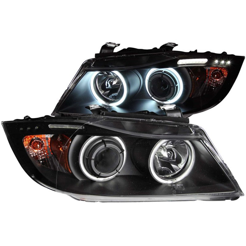 ANZO 2006-2008 BMW 3 Series E90-E91 Projector Headlights w/ Halo w/ LED Bar Black (CCFL) 121335