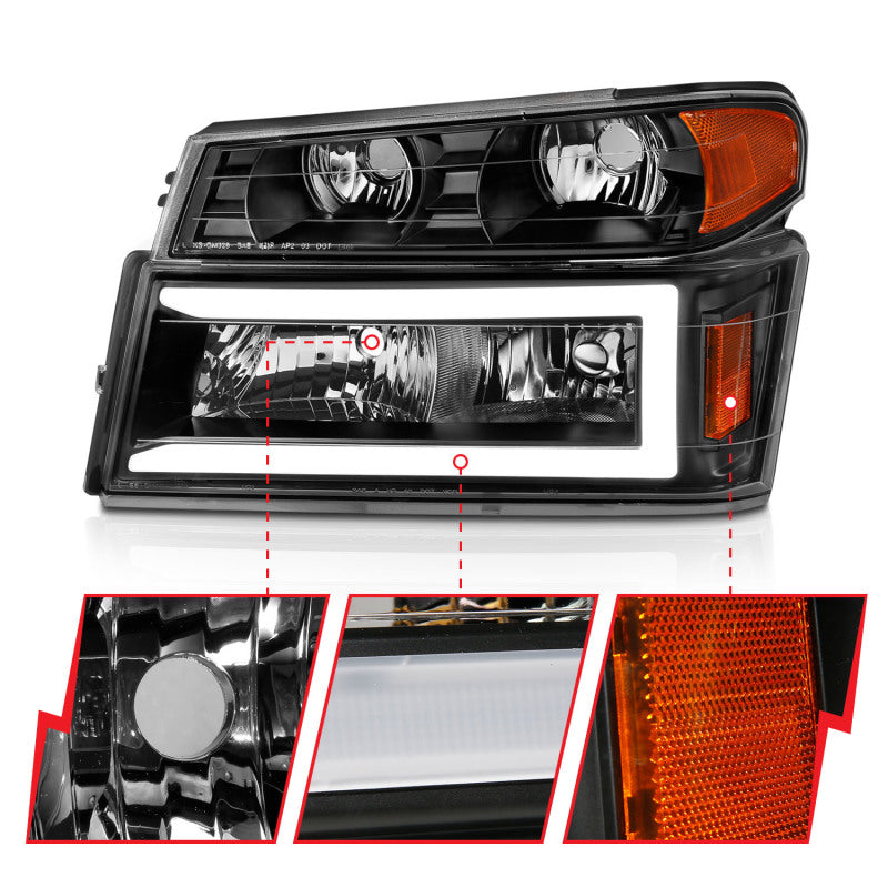 ANZO 04-12 GM Colorado/Canyon/I-Series Crystal Headlights - w/ Light Bar Black Housing 4pcs 111558