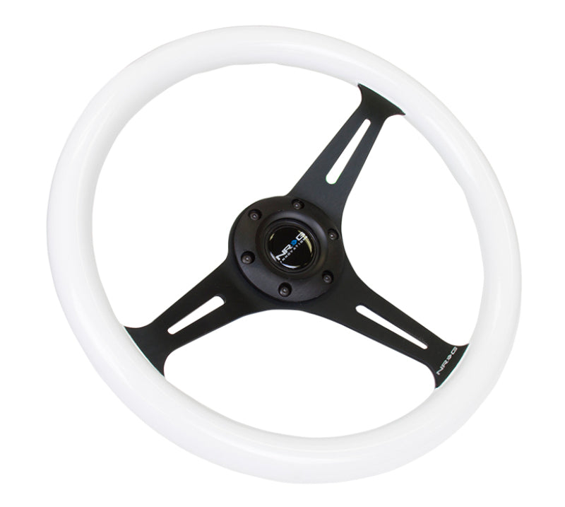 NRG Classic Wood Grain Steering Wheel (350mm) Glow-N-The-Dark Green Grip w/Black 3-Spoke Center ST-015BK-GL