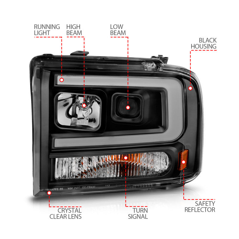 ANZO 99-04 Ford F250/F350/F450/Excursion (excl 99) Projector Headlights - w/ Light Bar Black Housing 111551