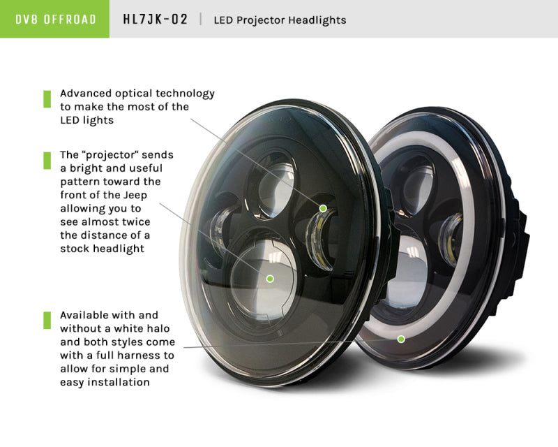 DV8 Offroad 07-18 Jeep Wrangler JK LED Projector Headlights w/ Angel Eyes HL7JK-02