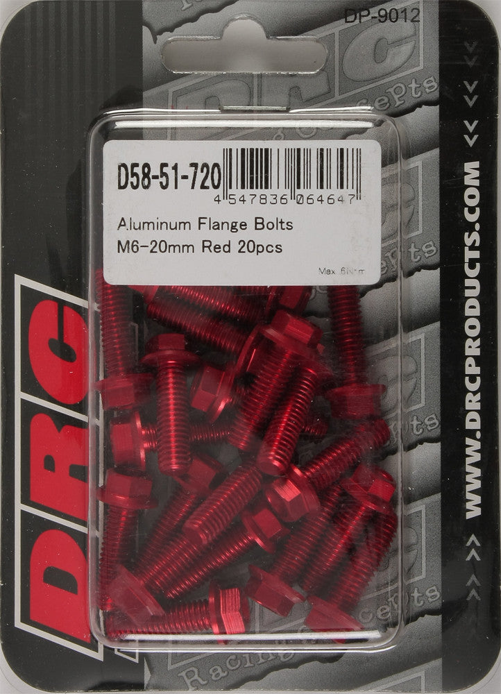 DRC Aluminum Flange Bolts Red M6x20mm 20/Pk D58-51-720