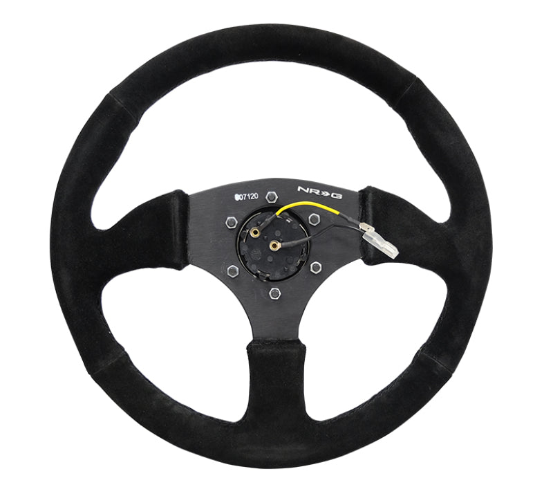 NRG Reinforced Steering Wheel (350mm / 2.5in. Deep) Blk Suede Comfort Grip w/5mm Matte Blk Spokes RST-023MB-S