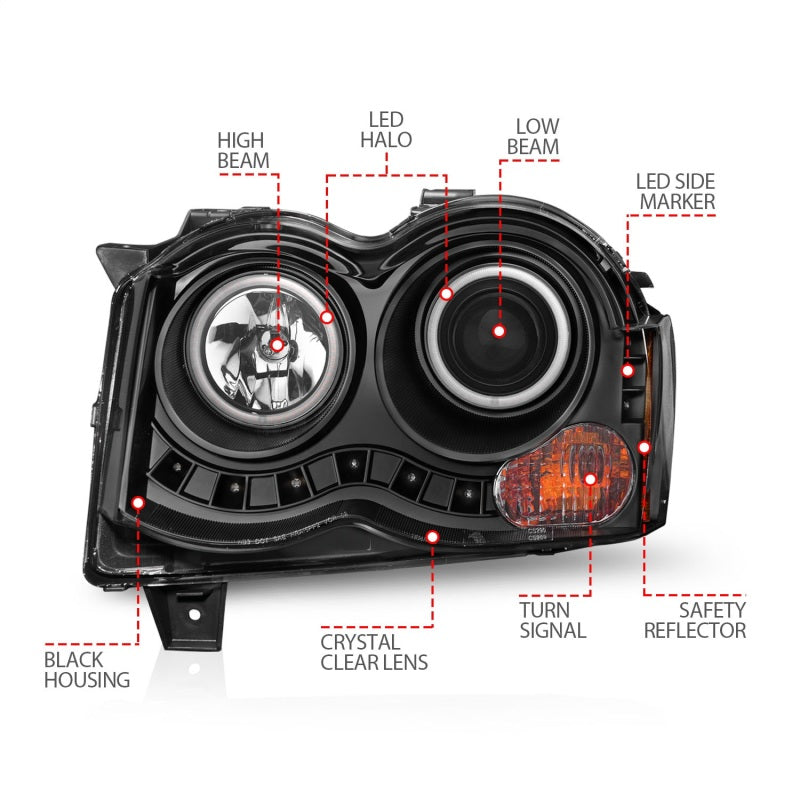 ANZO 2008-2010 Jeep Grand Cherokee Projector Headlights w/ Halo Black (CCFL) 111213