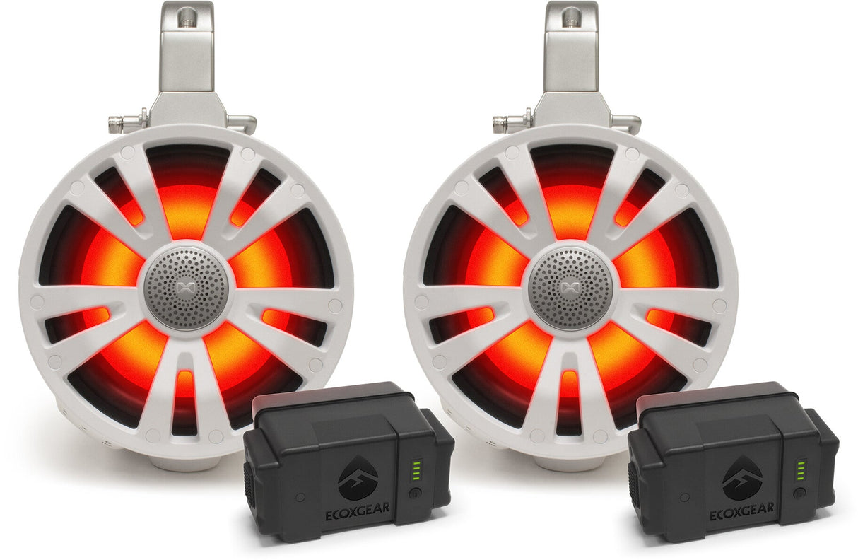 ECOXGEAR 2-Pack White 8' Speakers Two Amplified + Two Batteries SEI-ETAMPBAT7708