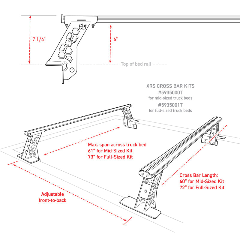 Go Rhino 15-22 Ford F-150 / 07-21 Toy. Tundra XRS Cross Bars Kit - Tex Blk (Attch Tonneau Cvr T-Trk) 5935015T