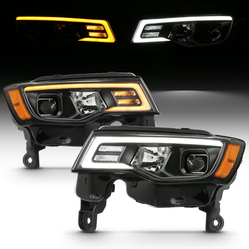 ANZO 2017-2018 Jeep Grand Cherokee Projector Headlights w/ Plank Style Switchback - Black w/ Amber 111418