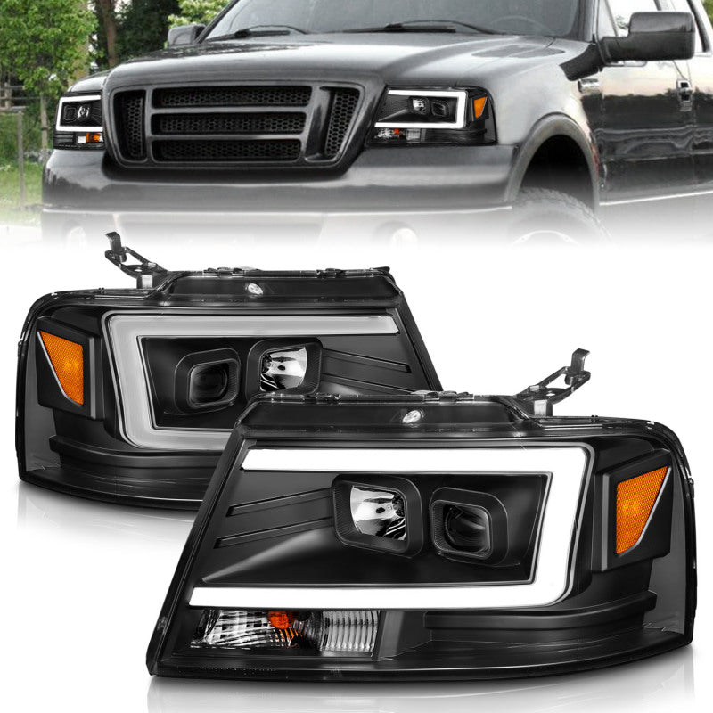 ANZO 2004-2008 Ford F-150 Projector Headlights w/ Light Bar Black Housing 111541