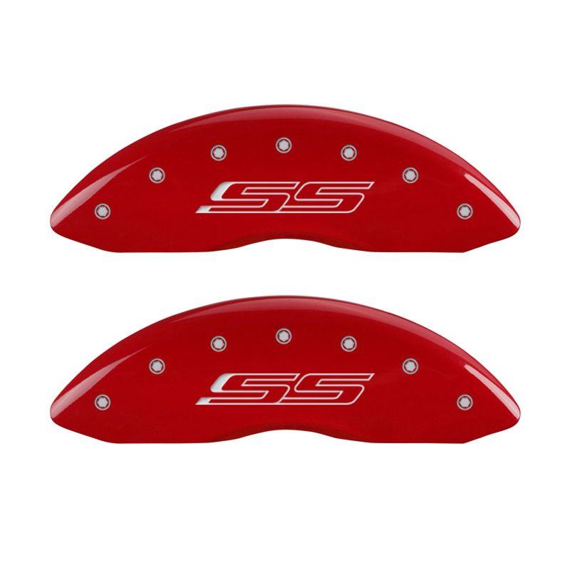 MGP 4 Caliper Covers Engraved Front & Rear Gen 5/SS Red finish silver ch 14036SSS5RD