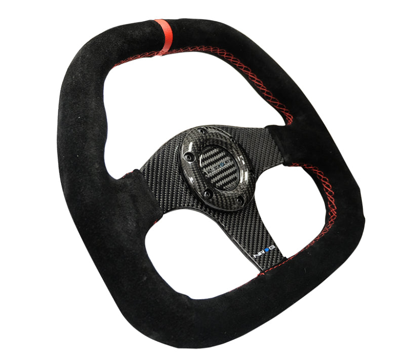 NRG Carbon Fiber Steering Wheel (320mm) Flat Btm. Blk Suede/Red Stitch w/CF Spokes & Red Center Mark ST-019CF