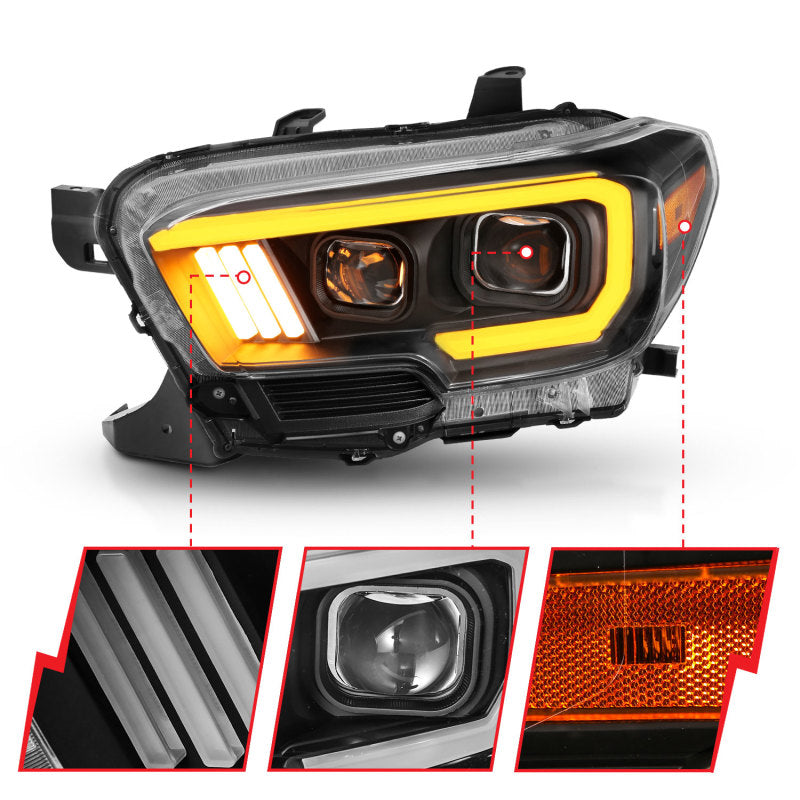 ANZO 2016-2017 Toyota Tacoma Projector Headlights w/ Plank Style Switchback Black w/ Amber w/ DRL 111397