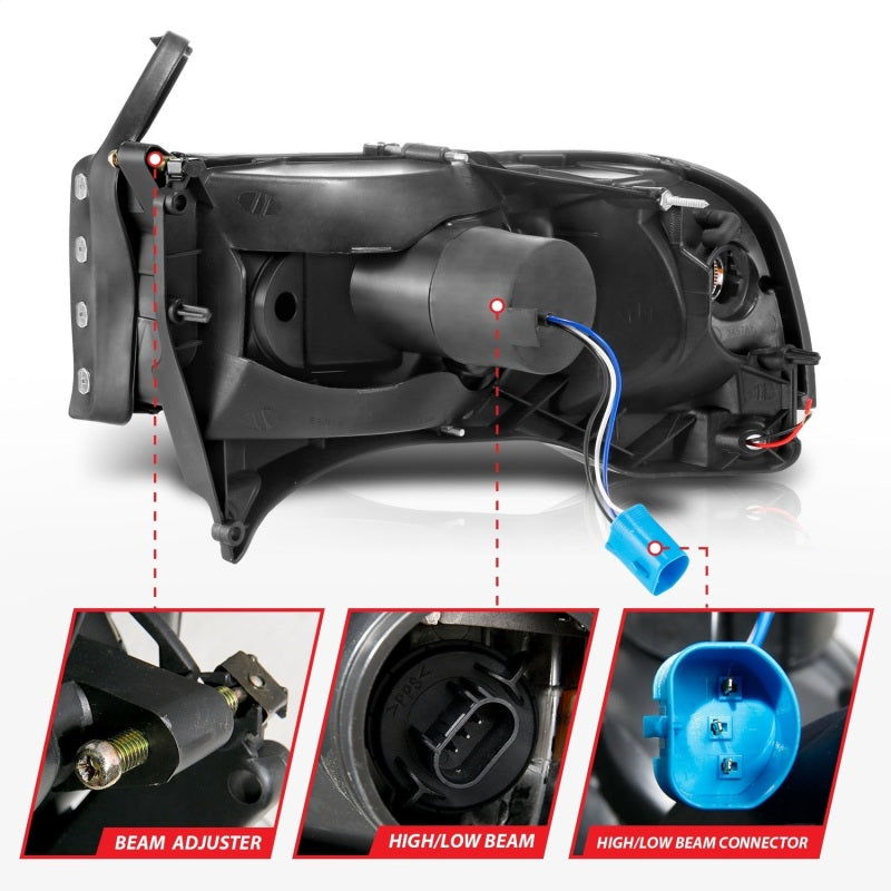 ANZO 94-02 Dodge RAM Crystal Headlight - w/ Light Bar Black Housing 111554