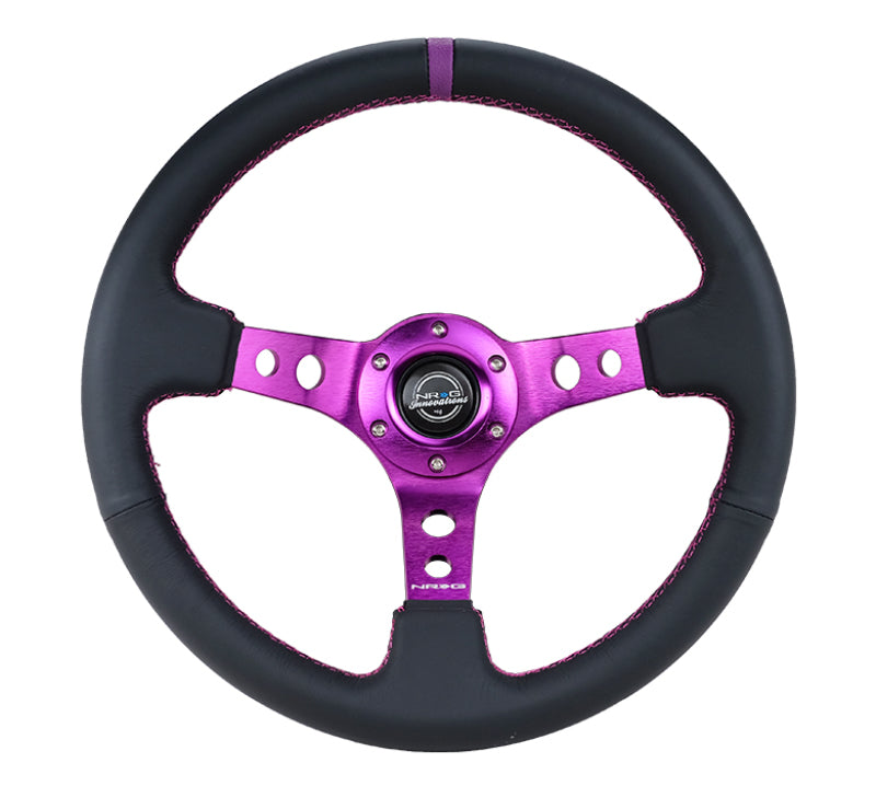 NRG Reinforced Steering Wheel (350mm / 3in. Deep) Black Leather w/Purple Center & Purple Stitching RST-006PP